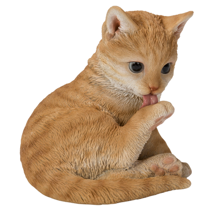 後ろ足をなめる茶トラ猫
